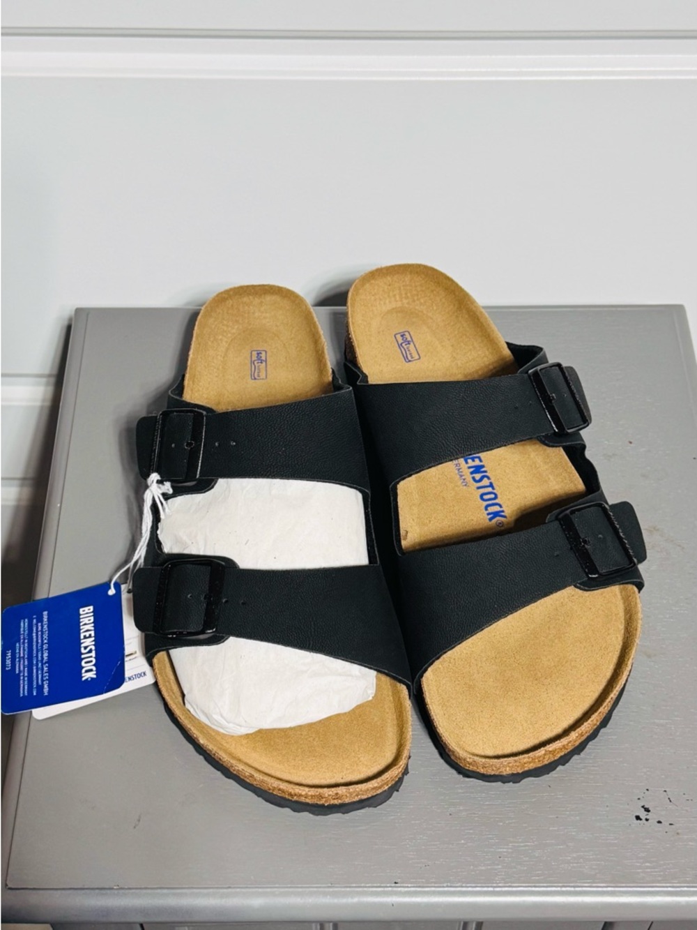 Birkenstock Arizona Soft footbed Black Leather Sandal in size 44
